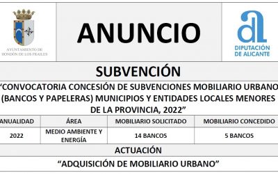“CONVOCATORIA CONCESIÓN DE SUBVENCIONES MOBILIARIO URBANO (BANCOS Y PAPELERAS) MUNICIPIOS Y ENTIDADES LOCALES MENORES DE LA PROVINCIA, 2022”