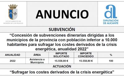 “Concesión de subvenciones dinerarias dirigidas a los municipios de la provincia con población inferior a 10.000 habitantes para sufragar los costes derivados de la crisis energética, anualidad 2022”