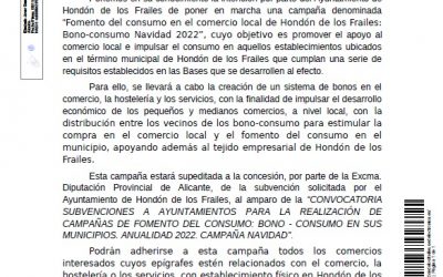 Fomento del consumo en el comercio local de Hondón de los Frailes: Bono-consumo Navidad 2022”