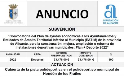 “Convocatoria del Plan de ayudas económicas a los Ayuntamientos y Entidades de Ámbito Territorial Inferior al Municipio (EATIM) de la provincia de Alicante, para la construcción, mejora, ampliación o reforma de instalaciones deportivas municipales: Plan + Deporte 2022”