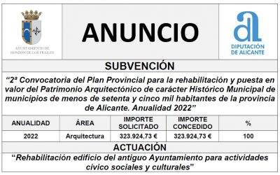 “2ª Convocatoria del Plan Provincial para la rehabilitación y puesta en valor del Patrimonio Arquitectónico de carácter Histórico Municipal de municipios de menos de setenta y cinco mil habitantes de la provincia de Alicante. Anualidad 2022”