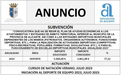 “CONVOCATORIA QUE HA DE REGIR EL PLAN DE AYUDAS ECONÓMICAS A LOS AYUNTAMIENTOS Y ENTIDADES DE ÁMBITO TERRITORIAL INFERIOR AL MUNICIPIO DE LA PROVINCIA DE ALICANTE, ASÍ COMO A LAS ENTIDADES DEPORTIVAS MUNICIPALES DEPENDIENTES DE LOS MISMOS (PATRONATOS, ORGANISMOS AUTÓNOMOS, FUNDACIONES DEPORTIVAS, ETC.), PARA LA REALIZACIÓN DE ACTIVIDADES DEPORTIVAS (COMPETITIVAS, FÍSICO-RECREATIVAS, POPULARES, FORMATIVAS, DIVULGATIVAS, ETC.), O PARA EL FUNCIONAMIENTO DE ESCUELAS DEPORTIVAS MUNICIPALES, ANUALIDAD 2023”