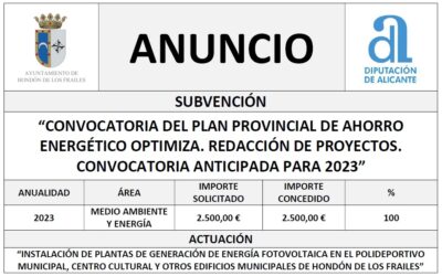 “CONVOCATORIA DEL PLAN PROVINCIAL DE AHORRO ENERGÉTICO OPTIMIZA. REDACCIÓN DE PROYECTOS. CONVOCATORIA ANTICIPADA PARA 2023”