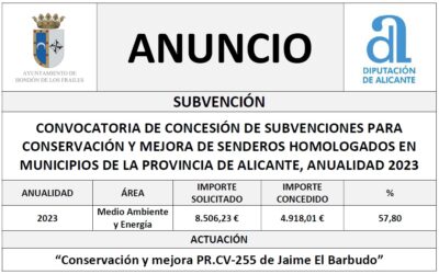 CONVOCATORIA DE CONCESIÓN DE SUBVENCIONES PARA CONSERVACIÓN Y MEJORA DE SENDEROS HOMOLOGADOS EN MUNICIPIOS DE LA PROVINCIA DE ALICANTE, ANUALIDAD 2023