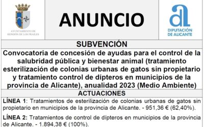 Convocatoria de concesión de ayudas para el control de la salubridad pública y bienestar animal (tratamiento esterilización de colonias urbanas de gatos sin propietario y tratamiento control de dípteros en municipios de la provincia de Alicante), anualidad 2023 (Medio Ambiente)