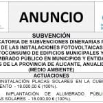 CONVOCATORIA DE SUBVENCIONES DINERARIAS PARA EL IMPULSO DE LAS INSTALACIONES FOTOVOLTAICAS PARA EL AUTOCONSUMO DE EDIFICIOS MUNICIPALES Y EL ALUMBRADO PÚBLICO EN MUNICIPIOS Y ENTIDADES LOCALES DE LA PROVINCIA DE ALICANTE, ANUALIDAD 2023 (MEDIO AMBIENTE).