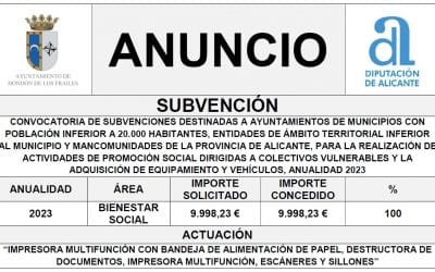 CONVOCATORIA DE SUBVENCIONES DESTINADAS A AYUNTAMIENTOS DE MUNICIPIOS CON POBLACIÓN INFERIOR A 20.000 HABITANTES, ENTIDADES DE ÁMBITO TERRITORIAL INFERIOR AL MUNICIPIO Y MANCOMUNIDADES DE LA PROVINCIA DE ALICANTE, PARA LA REALIZACIÓN DE ACTIVIDADES DE PROMOCIÓN SOCIAL DIRIGIDAS A COLECTIVOS VULNERABLES Y LA ADQUISICIÓN DE EQUIPAMIENTO Y VEHÍCULOS, ANUALIDAD 2023.