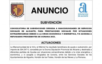 CONVOCATORIA DE SUBVENCIONES DIRIGIDA A MANCOMUNIDADES DE SERVICIOS SOCIALES DE ALICANTE, PARA PRESTACIONES SOCIALES POR SITUACIONES EXTRAORDINARIAS DEBIDO A LA CRISIS ECONÓMICA Y ENERGÉTICA, Y/O ACOGIDA A REFUGIADOS PROCEDENTES DE UCRANIA 2023.
