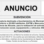 Convocatoria destinada a Ayuntamientos de Municipios con población inferior a 20.000 habitantes, EATIM y Mancomunidades de la provincia de Alicante, para la realización de actividades de promoción social, equipamiento y vehículos 2023.