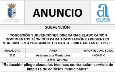 “CONCESIÓN SUBVENCIONES DINERARIAS ELABORACIÓN DOCUMENTOS TÉCNICOS PARA TRAMITACIÓN EXPEDIENTES MUNICIPALES AYUNTAMIENTOS HASTA 5.000 HABITANTES 2023”
