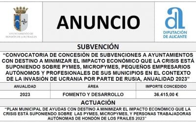 “CONVOCATORIA DE CONCESIÓN DE SUBVENCIONES A AYUNTAMIENTOS CON DESTINO A MINIMIZAR EL IMPACTO ECONÓMICO QUE LA CRISIS ESTÁ SUPONIENDO SOBRE PYMES, MICROPYMES, PEQUEÑOS EMPRESARIOS AUTÓNOMOS Y PROFESIONALES DE SUS MUNICIPIOS EN EL CONTEXTO DE LA INVASIÓN DE UCRANIA POR PARTE DE RUSIA, ANUALIDAD 2023”
