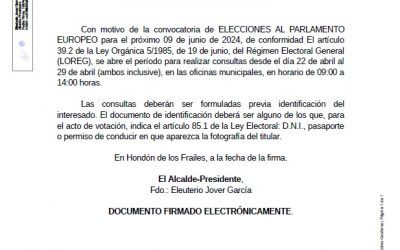 CONSULTA CENSO ELECTORAL ELECCIONES AL PARLAMENTO EUROPEO DE 09 DE JUNIO DE 2024.