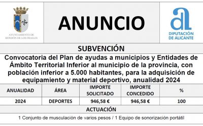 Convocatoria del Plan de ayudas a municipios y Entidades de Ámbito Territorial Inferior al municipio de la provincia, con población inferior a 5.000 habitantes, para la adquisición de equipamiento y material deportivo, anualidad 2024