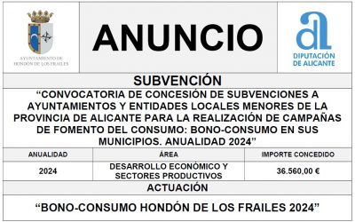 “CONVOCATORIA DE CONCESIÓN DE SUBVENCIONES A AYUNTAMIENTOS Y ENTIDADES LOCALES MENORES DE LA PROVINCIA DE ALICANTE PARA LA REALIZACIÓN DE CAMPAÑAS DE FOMENTO DEL CONSUMO: BONO-CONSUMO EN SUS MUNICIPIOS. ANUALIDAD 2024”