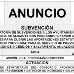 “CONVOCATORIA DE SUBVENCIONES A LOS AYUNTAMIENTOS DE LA PROVINCIA DE ALICANTE CON POBLACIÓN INFERIOR A 20.000 HABITANTES PARA CUBRIR LAS APORTACIONES ESTATUTARIAS DEL CONSORCIO PROVINCIAL PARA EL SERVICIO DE PREVENCIÓN Y EXTINCIÓN DE INCENDIOS Y SALVAMENTO, ANUALIDAD 2025”