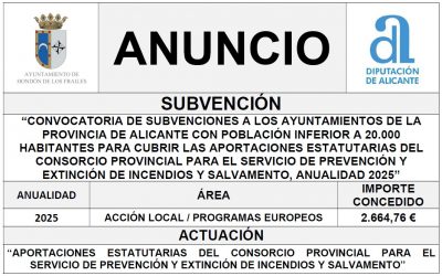 “CONVOCATORIA DE SUBVENCIONES A LOS AYUNTAMIENTOS DE LA PROVINCIA DE ALICANTE CON POBLACIÓN INFERIOR A 20.000 HABITANTES PARA CUBRIR LAS APORTACIONES ESTATUTARIAS DEL CONSORCIO PROVINCIAL PARA EL SERVICIO DE PREVENCIÓN Y EXTINCIÓN DE INCENDIOS Y SALVAMENTO, ANUALIDAD 2025”