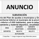 Convocatoria del Plan de ayudas a municipios y Entidades de Ámbito Territorial Inferior al municipio de la provincia, con población inferior a 5.000 habitantes, para la adquisición de equipamiento y material deportivo, anualidad 2025