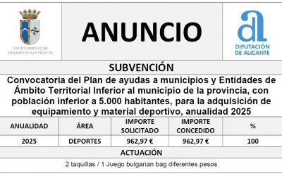 Convocatoria del Plan de ayudas a municipios y Entidades de Ámbito Territorial Inferior al municipio de la provincia, con población inferior a 5.000 habitantes, para la adquisición de equipamiento y material deportivo, anualidad 2025