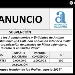 “Plan de ayudas a los Ayuntamientos y Entidades de Ámbito Territorial Inferior al Municipio (EATIM), con población inferior a 3.000 habitantes, para la organización de partidas de Pilota valenciana, durante la anualidad 2025”