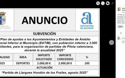“Plan de ayudas a los Ayuntamientos y Entidades de Ámbito Territorial Inferior al Municipio (EATIM), con población inferior a 3.000 habitantes, para la organización de partidas de Pilota valenciana, durante la anualidad 2025”