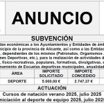 “Plan de ayudas económicas a los Ayuntamientos y Entidades de ámbito territorial inferior al municipio de la provincia de Alicante, así como a las Entidades deportivas municipales, dependientes de los mismos (Patronatos, Organismos Autónomos, Fundaciones Deportivas, etc.), para la realización de actividades deportivas (competitivas, físico-recreativas, populares, formativas, divulgativas, etc.), o para el funcionamiento de Escuelas deportivas municipales, anualidad 2025”