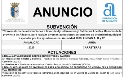 “Convocatoria de subvenciones a favor de Ayuntamientos y Entidades Locales Menores de la provincia de Alicante, para realizar diversas actuaciones en caminos de titularidad municipal a ejecutar por los ayuntamientos. Anualidad 2025. LÍNEAS A, B y C”