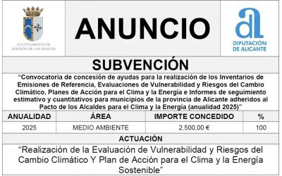 “Convocatoria de concesión de ayudas para la realización de los Inventarios de Emisiones de Referencia, Evaluaciones de Vulnerabilidad y Riesgos del Cambio Climático, Planes de Acción para el Clima y la Energía e Informes de seguimiento estimativo y cuantitativos para municipios de la provincia de Alicante adheridos al Pacto de los Alcaldes para el Clima y la Energía (anualidad 2025)”
