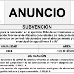 "Convocatoria para la concesión en el ejercicio 2024 de subvenciones a ejecutar por la Excma. Diputación Provincial de Alicante consistentes en redacción de documentos técnicos y servicios de control relacionados con el abastecimiento y saneamiento municipal de agua (líneas 1 a 5)"
