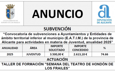 “Convocatoria de subvenciones a Ayuntamientos y Entidades de ámbito territorial inferior al municipio (E.A.T.I.M.) de la provincia de Alicante para actividades en materia de Juventud, anualidad 2025”