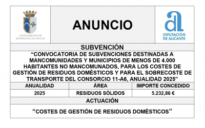 “CONVOCATORIA DE SUBVENCIONES DESTINADAS A MANCOMUNIDADES Y MUNICIPIOS DE MENOS DE 4.000 HABITANTES NO MANCOMUNADOS, PARA LOS COSTES DE GESTIÓN DE RESIDUOS DOMÉSTICOS Y PARA EL SOBRECOSTE DE TRANSPORTE DEL CONSORCIO 11-A6, ANUALIDAD 2025”