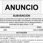 "Convocatoria para la concesión en el ejercicio 2025 de subvenciones a ejecutar por la Excma. Diputación Provincial de Alicante consistentes en redacción de documentos técnicos y servicios de control relacionados con el abastecimiento y saneamiento municipal de agua (líneas 1 a 5)"