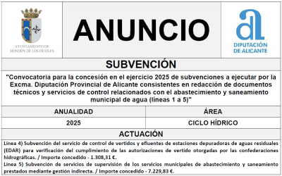 «Convocatoria para la concesión en el ejercicio 2025 de subvenciones a ejecutar por la Excma. Diputación Provincial de Alicante consistentes en redacción de documentos técnicos y servicios de control relacionados con el abastecimiento y saneamiento municipal de agua (líneas 1 a 5)»