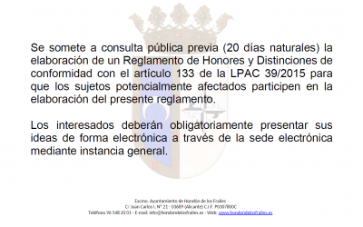 Consulta pública previa elaboración Reglamento de Honores y Distinciones