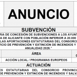 “CONVOCATORIA DE CONCESIÓN DE SUBVENCIONES A LOS AYUNTAMIENTOS DE LA PROVINCIA DE ALICANTE CON POBLACIÓN INFERIOR A 20.000 HABITANTES PARA CUBRIR LAS APORTACIONES ESTATUTARIAS DEL CONSORCIO PROVINCIAL PARA EL SERVICIO DE PREVENCIÓN Y EXTINCIÓN DE INCENDIOS Y SALVAMENTO, ANUALIDAD 2026.”