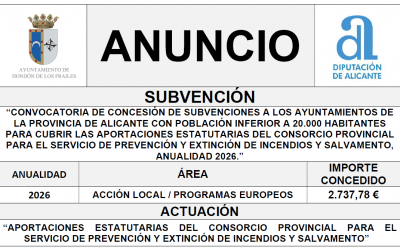 “CONVOCATORIA DE CONCESIÓN DE SUBVENCIONES A LOS AYUNTAMIENTOS DE LA PROVINCIA DE ALICANTE CON POBLACIÓN INFERIOR A 20.000 HABITANTES PARA CUBRIR LAS APORTACIONES ESTATUTARIAS DEL CONSORCIO PROVINCIAL PARA EL SERVICIO DE PREVENCIÓN Y EXTINCIÓN DE INCENDIOS Y SALVAMENTO, ANUALIDAD 2026.”