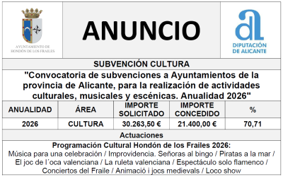 «Convocatoria de subvenciones a Ayuntamientos de la provincia de Alicante, para la realización de actividades culturales, musicales y escénicas. Anualidad 2026»
