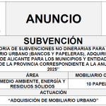 “CONVOCATORIA DE SUBVENCIONES NO DINERARIAS PARA LA ENTREGA DE MOBILIARIO URBANO (BANCOS Y PAPELERAS), ADQUIRIDOS POR LA DIPUTACIÓN DE ALICANTE PARA LOS MUNICIPIOS Y ENTIDADES LOCALES MENORES DE LA PROVINCIA CORRESPONDIENTE A LA ANUALIDAD DE 2025”