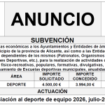 “Plan de ayudas económicas a los Ayuntamientos y Entidades de ámbito territorial inferior al municipio de la provincia de Alicante, así como a las Entidades deportivas municipales, dependientes de los mismos (Patronatos, Organismos Autónomos, Fundaciones Deportivas, etc.), para la realización de actividades deportivas (competitivas, físico-recreativas, populares, formativas, divulgativas, etc.), o para el funcionamiento de Escuelas deportivas municipales, anualidad 2026”