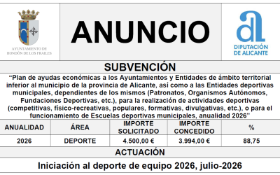“Plan de ayudas económicas a los Ayuntamientos y Entidades de ámbito territorial inferior al municipio de la provincia de Alicante, así como a las Entidades deportivas municipales, dependientes de los mismos (Patronatos, Organismos Autónomos, Fundaciones Deportivas, etc.), para la realización de actividades deportivas (competitivas, físico-recreativas, populares, formativas, divulgativas, etc.), o para el funcionamiento de Escuelas deportivas municipales, anualidad 2026”