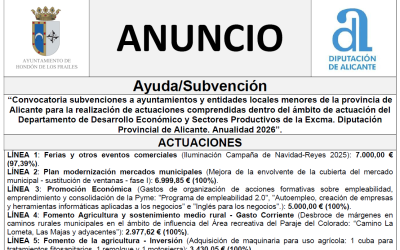 “Convocatoria subvenciones a ayuntamientos y entidades locales menores de la provincia de Alicante para la realización de actuaciones comprendidas dentro del ámbito de actuación del Departamento de Desarrollo Económico y Sectores Productivos de la Excma. Diputación Provincial de Alicante. Anualidad 2026”