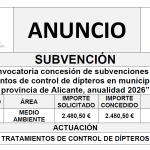 “Convocatoria concesión de subvenciones para tratamientos de control de dípteros en municipios de la provincia de Alicante, anualidad 2026”