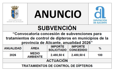 “Convocatoria concesión de subvenciones para tratamientos de control de dípteros en municipios de la provincia de Alicante, anualidad 2026”