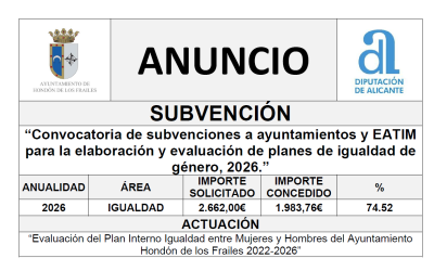 “Convocatoria de subvenciones a ayuntamientos y EATIM para la elaboración y evaluación de planes de igualdad de género, 2026.”