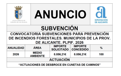 CONVOCATORIA SUBVENCIONES PARA PREVENCIÓN DE INCENDIOS FORESTALES. MUNICIPIOS DE LA PROV. DE ALICANTE. PLPIF. 2026