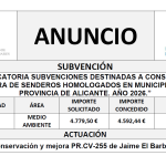 CONVOCATORIA SUBVENCIONES DESTINADAS A CONSERVACIÓN Y MEJORA DE SENDEROS HOMOLOGADOS EN MUNICIPIOS DE LA PROVINCIA DE ALICANTE. AÑO 2026.