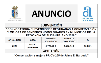 CONVOCATORIA SUBVENCIONES DESTINADAS A CONSERVACIÓN Y MEJORA DE SENDEROS HOMOLOGADOS EN MUNICIPIOS DE LA PROVINCIA DE ALICANTE. AÑO 2026.