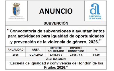 “Convocatoria de subvenciones a ayuntamientos para actividades para igualdad de oportunidades y prevención de la violencia de género, 2026.”