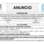 Convocatoria de subvenciones a favor de Ayuntamientos y Entidades Locales Menores de la provincia de Alicante, para realizar diversas actuaciones en caminos de titularidad municipal a ejecutar por los ayuntamientos. Anualidad 2026. LÍNEAS A, B y C
