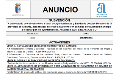 Convocatoria de subvenciones a favor de Ayuntamientos y Entidades Locales Menores de la provincia de Alicante, para realizar diversas actuaciones en caminos de titularidad municipal a ejecutar por los ayuntamientos. Anualidad 2026. LÍNEAS A, B y C
