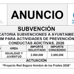 CONVOCATORIA SUBVENCIONES A AYUNTAMIENTOS Y EATIM PARA ACTIVIDADES DE PREVENCIÓN DE CONDUCTAS ADICTIVAS, 2026